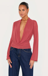 Blush Rose Chiffon Long Sleeve Sheer Cowl Blouse