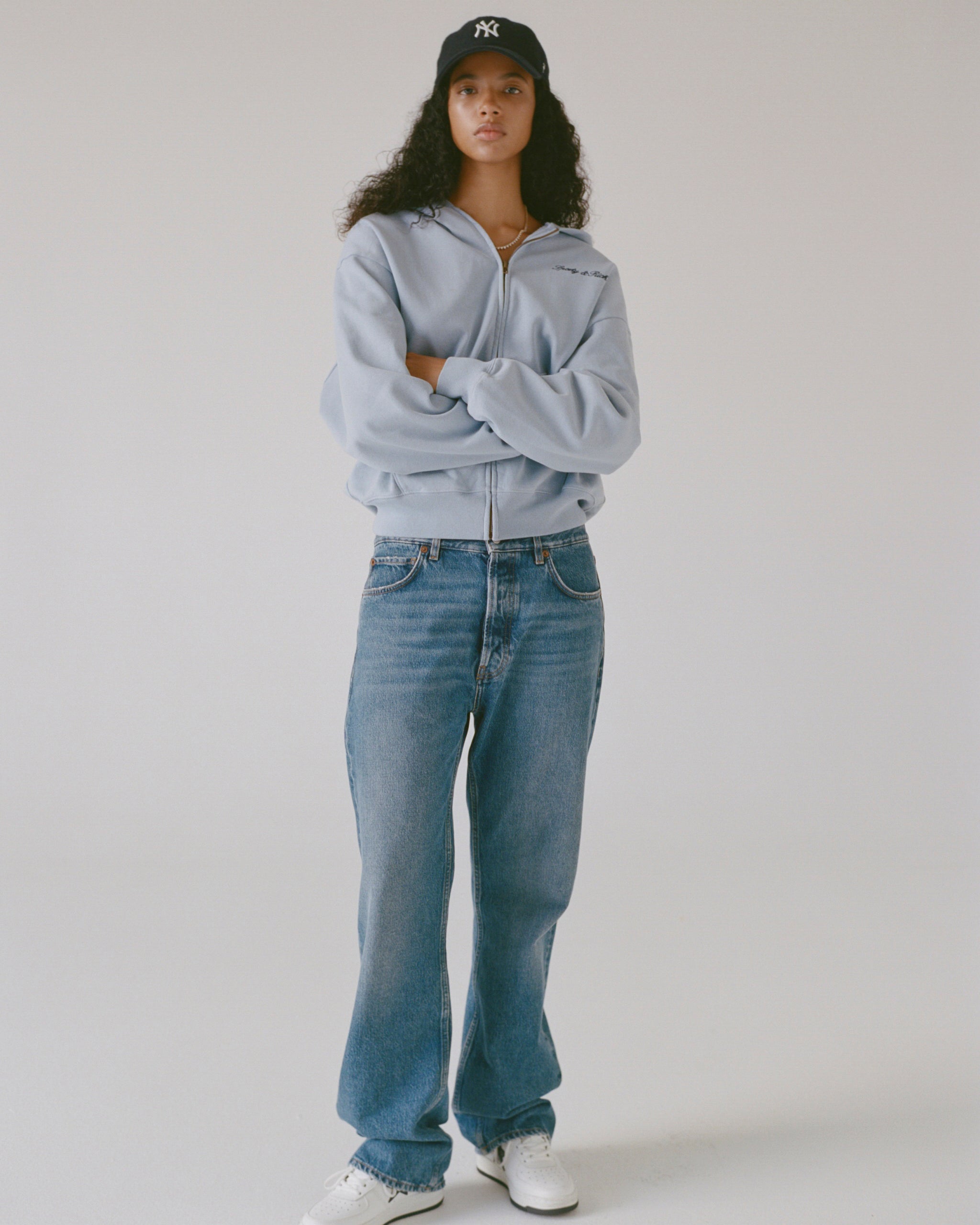 Signature Logo Embroidered Zip Hoodie - Faded Blue/Navy