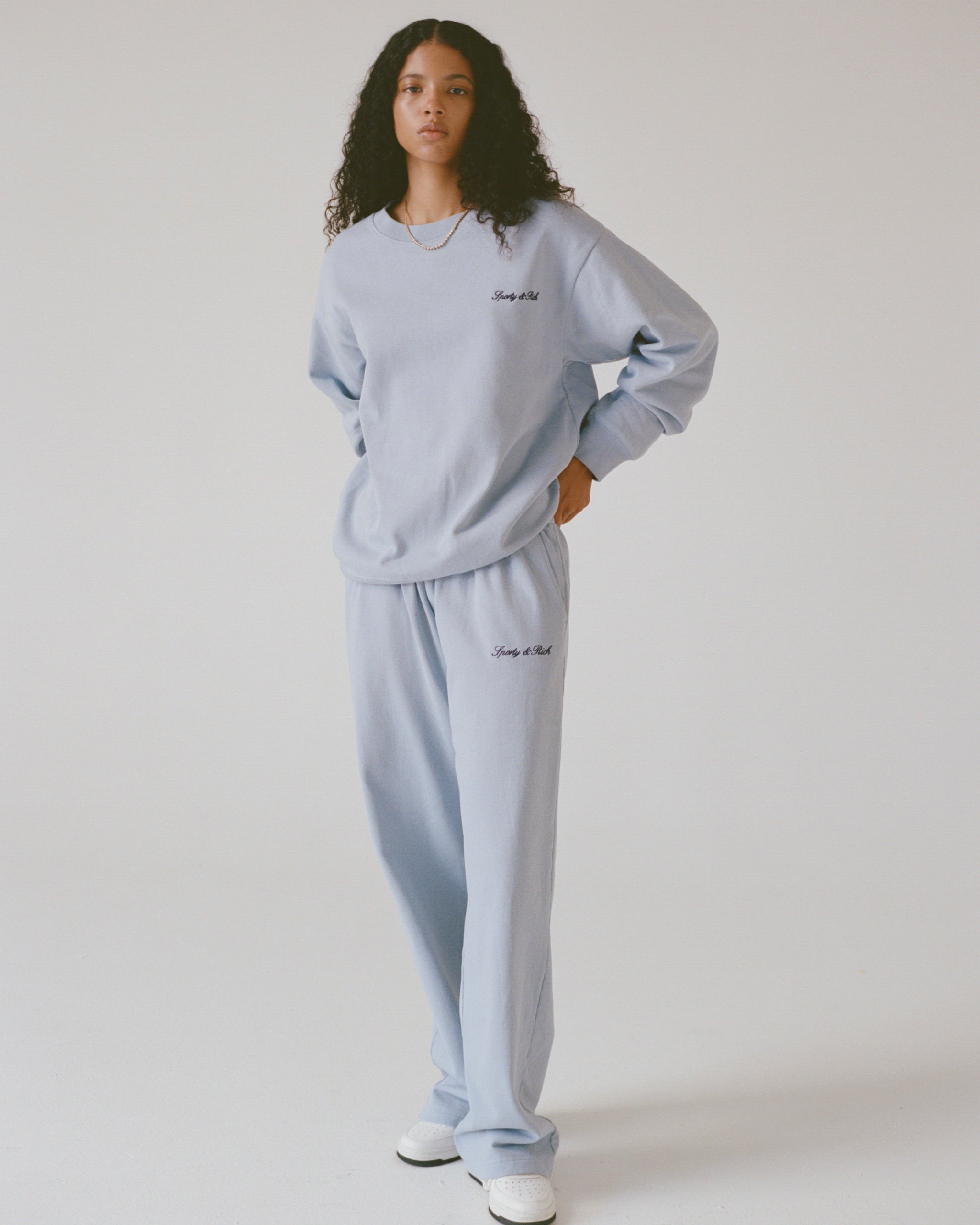 Signature Logo Embroidered Wide Sweatpant - Faded Blue/Navy