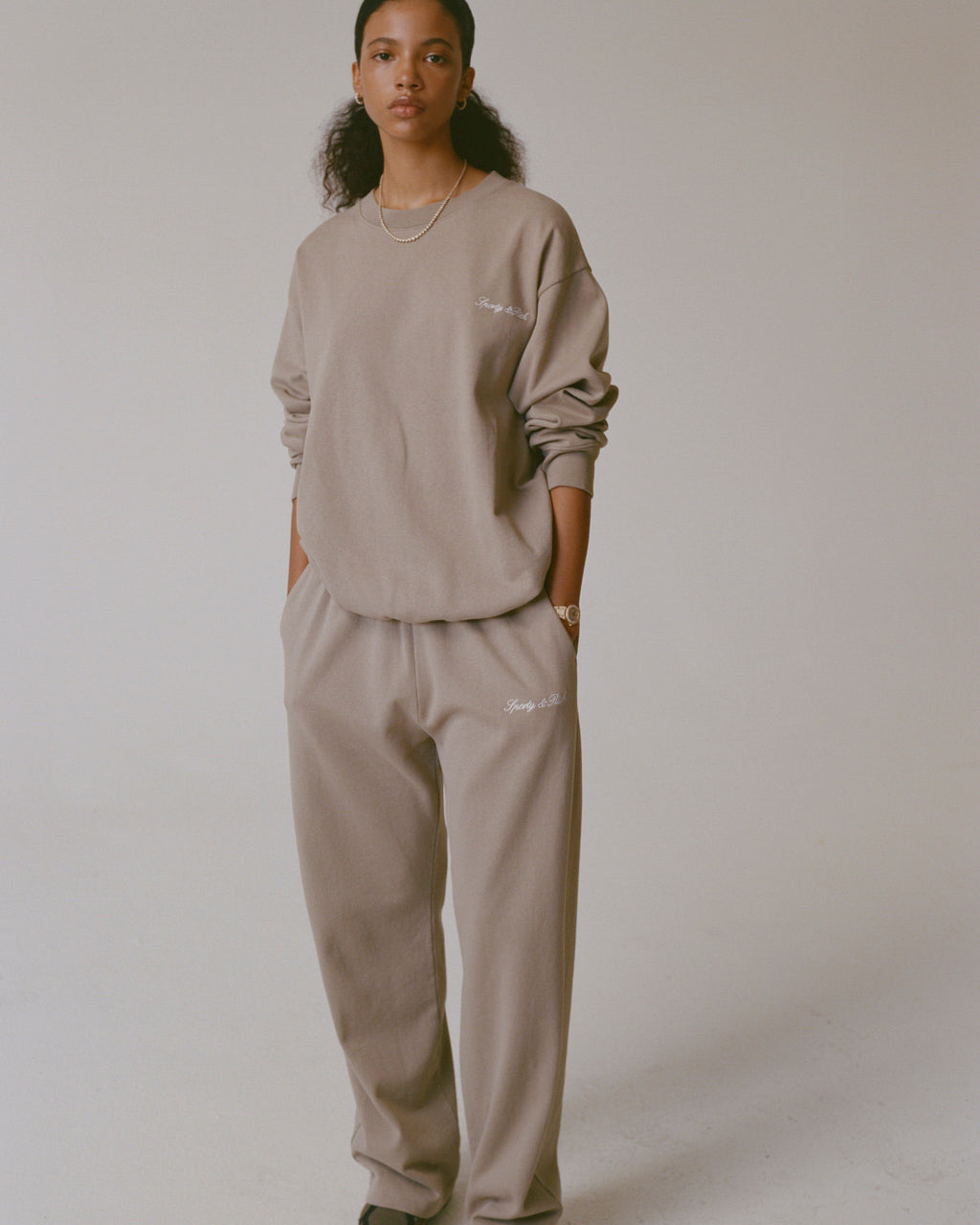 Signature Logo Embroidered Wide Sweatpant - Hazelnut/White