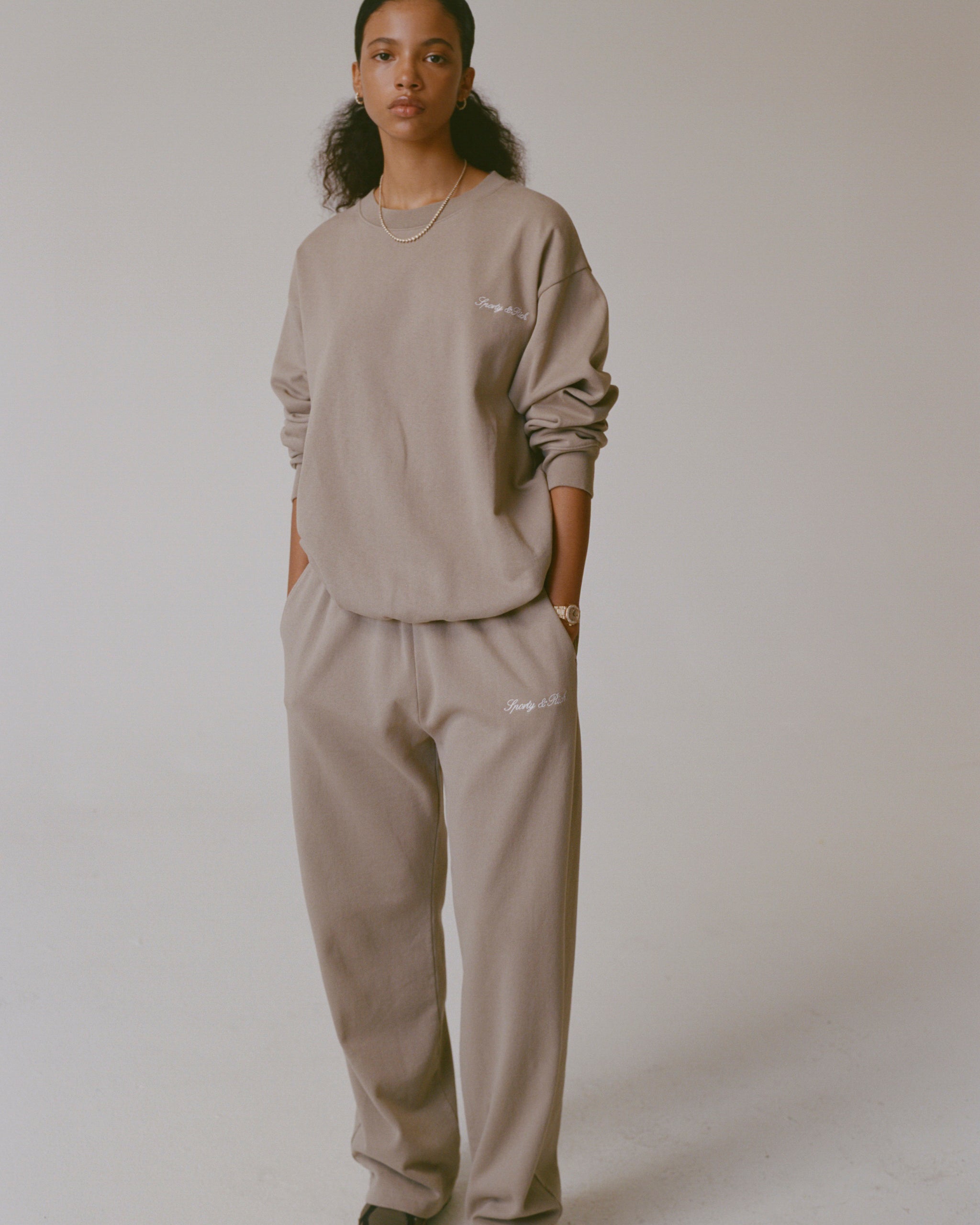 Signature Logo Embroidered Wide Sweatpant - Hazelnut/White