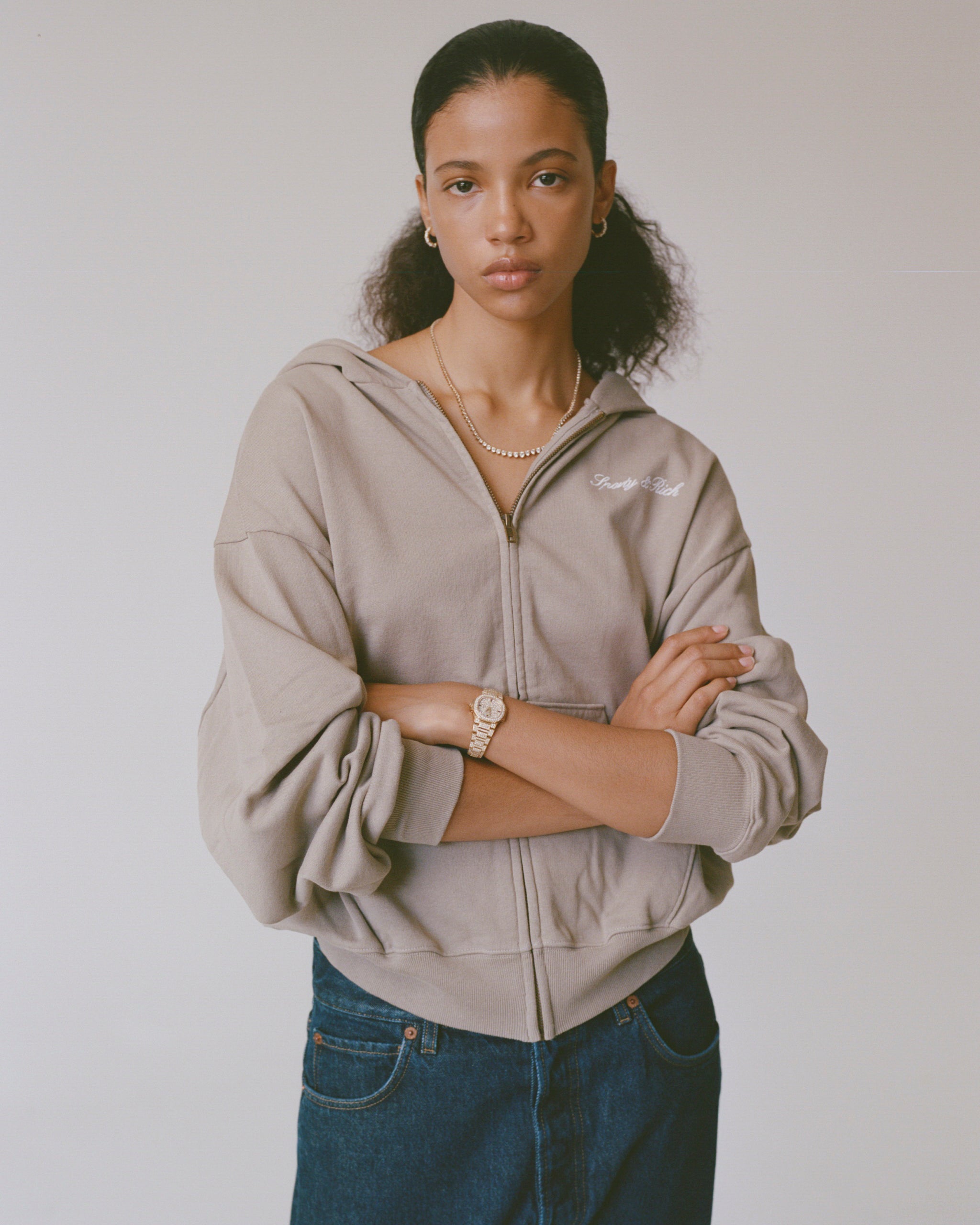 Signature Logo Embroidered Zip Hoodie - Hazelnut/White