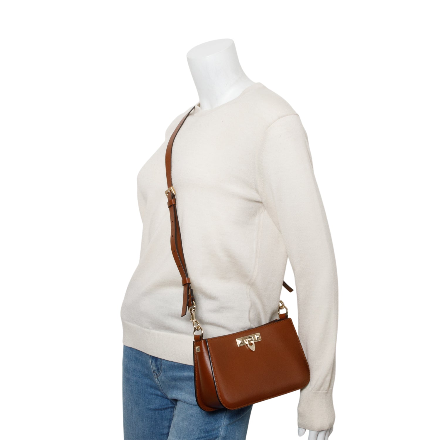 Brown Calfskin Rockstud Fierce Small Shoulder Bag