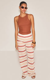 Beige Textured Striped Wide Leg Trousers