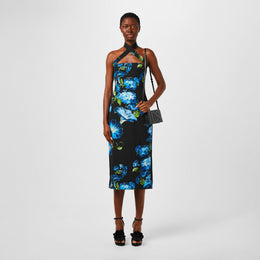 Floral Print Flared Hem Stretch Silk Midi Dress