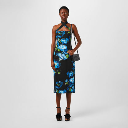 Floral Print Flared Hem Stretch Silk Midi Dress