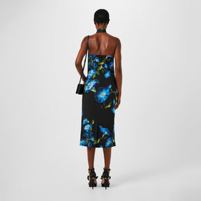 Floral Print Flared Hem Stretch Silk Midi Dress Ladies