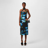 Floral Print Flared Hem Stretch Silk Midi Dress Ladies