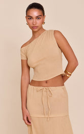 Sand Cheesecloth Off The Shoulder Asymmetric Top