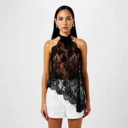 Asymmetrical Lace Top With Flower Detail On Neck