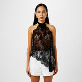Asymmetrical Lace Top With Flower Detail On Neck