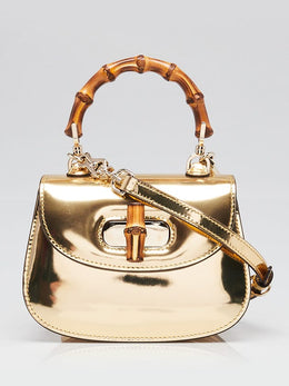 Gold Metallic Patent Leather Mini Bamboo Top Handle Bag