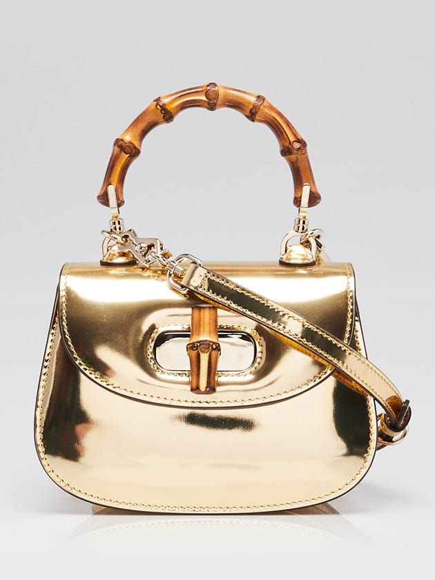 Gold Metallic Patent Leather Mini Bamboo Top Handle Bag