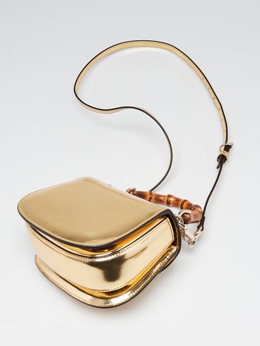 Gold Metallic Patent Leather Mini Bamboo Top Handle Bag