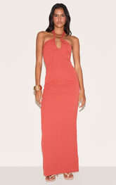 Rust Woven Halter Neck Trim Detail Maxi Dress