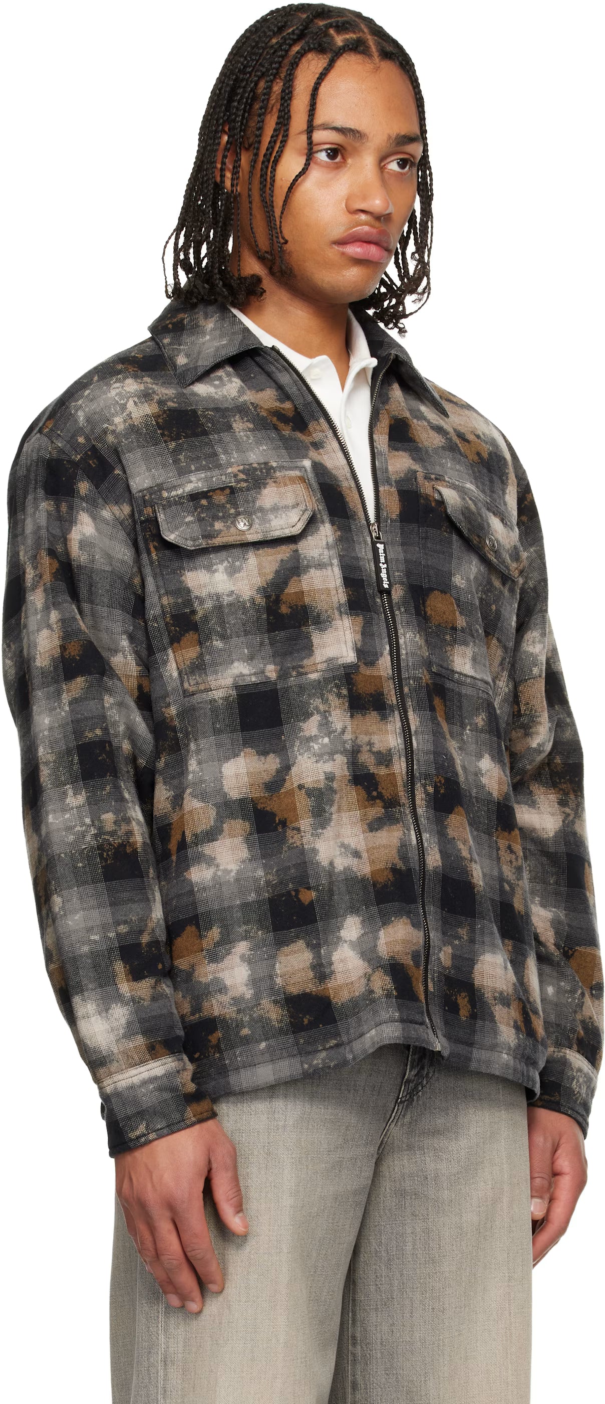 Gray & Brown Curved Logo Check Overshirt