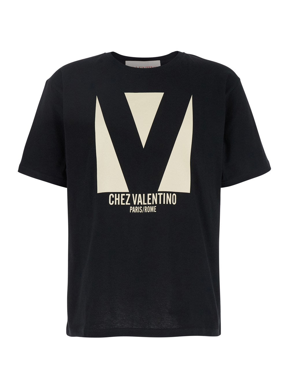 Valentino 'Chez' Black Crewneck T-Shirt with Maxi Logo Print on the Front in Cotton Man