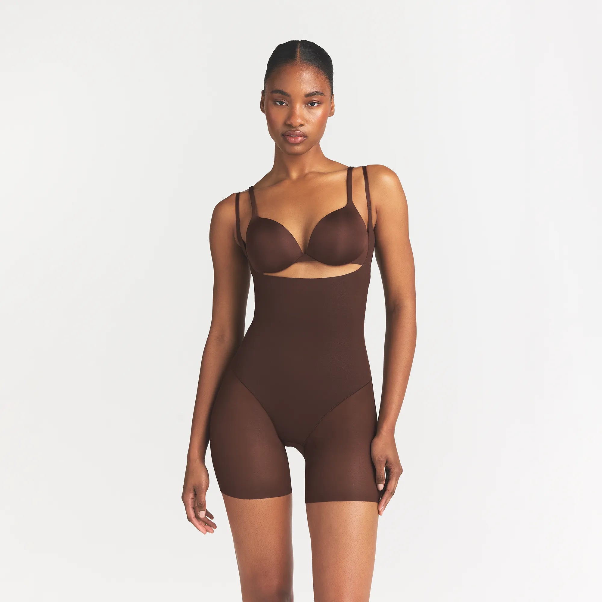 Power Mesh Shapewear Core Sculpt Open Bust Mid Thigh Bodysuit