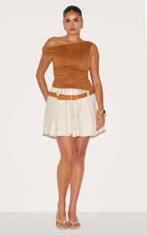 Plus Cream Double Waistband Belted Tailored Mini Skirt