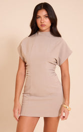 Taupe Cape Sleeve Ruched Detail Mini Dress
