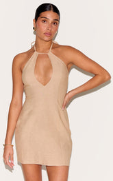 Petite Stone Linen Look Halterneck Cut Out Mini Dress