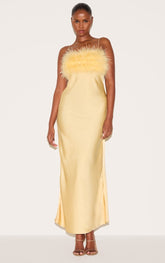 Lemon Satin Feather Bust Detail Strappy Maxi Dress