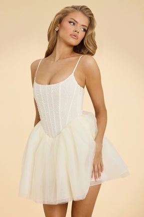 Embellished Corset Tulle Skirt Mini Dress in White