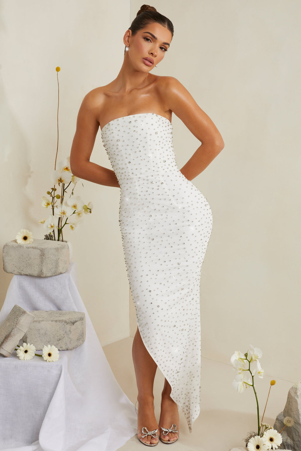 Hand Embellished Asymmetric Midi Dress in White