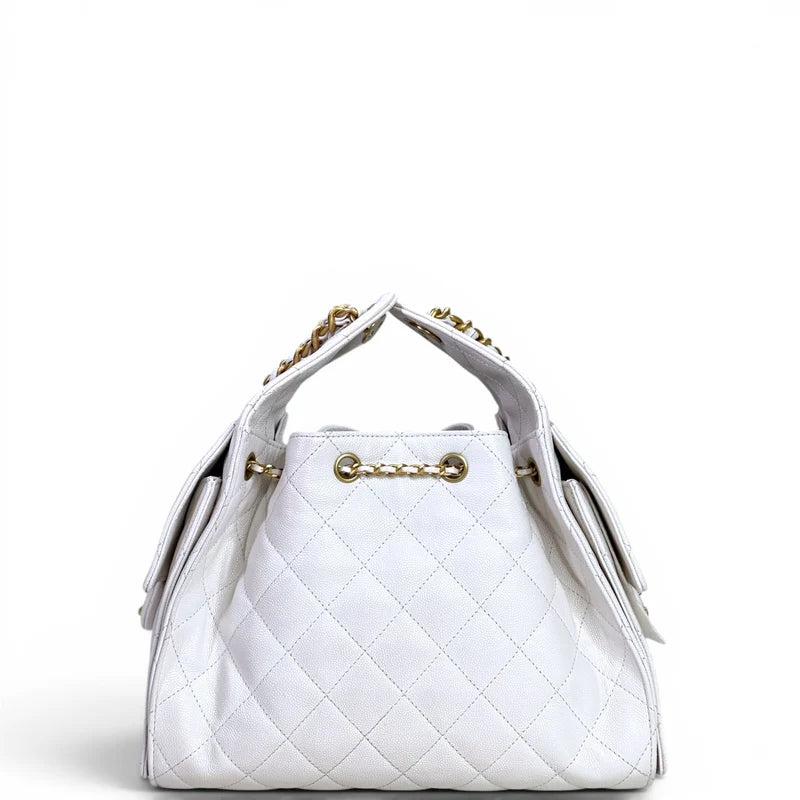 Chanel 25 Small Handbag White Grained Calfskin