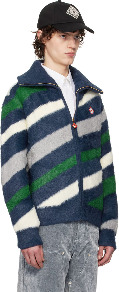 Navy Striped Fluffy Zip Up Jacket