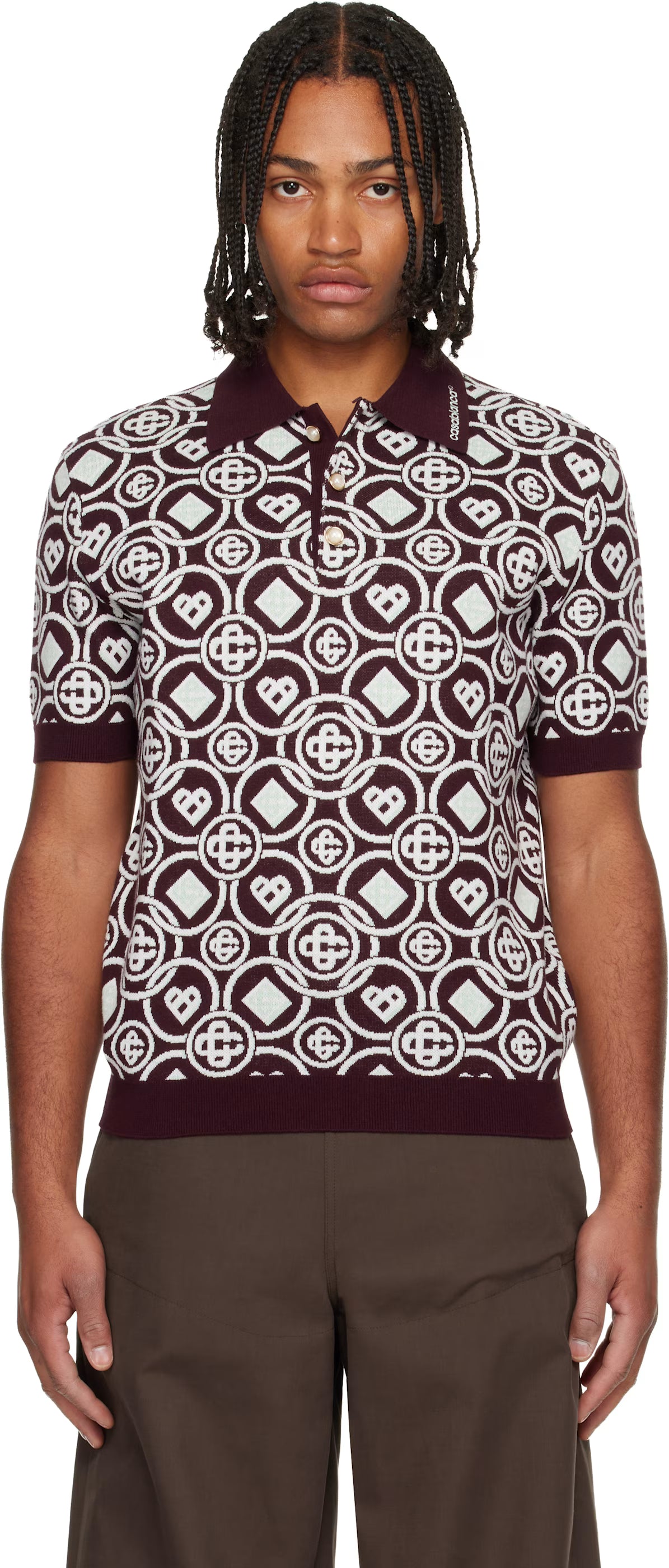 Burgundy Monogram Cotton Knit Polo