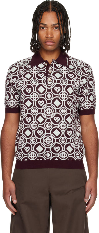Burgundy Monogram Cotton Knit Polo
