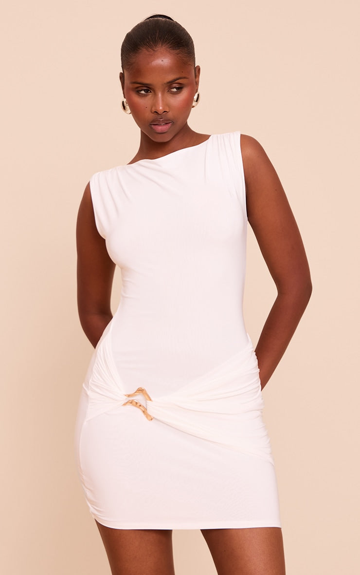 White Slinky Ruched Trim Detail Mini Dress