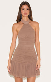 Mushroom Chiffon Halter Neck Mini Dress
