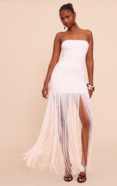 Cream Soft Touch Bandeau Fringe Maxi Dress