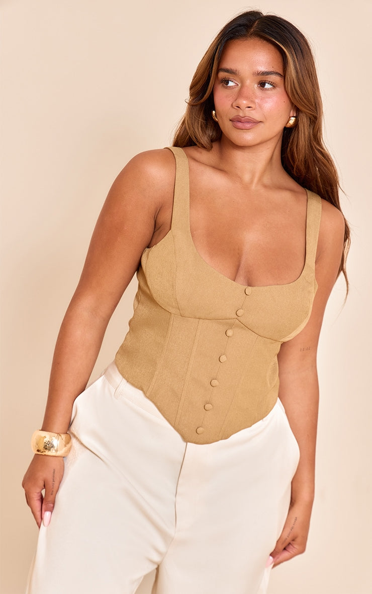 Shape Olive Button Front Scoop Neck Corset Top