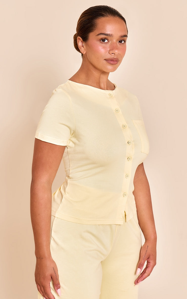Shape Butter Cream Boat Neck Button Front Pocket Detail T-shirt
