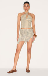 Stone Pinstripe Cotton Knot Front Mini Skirt