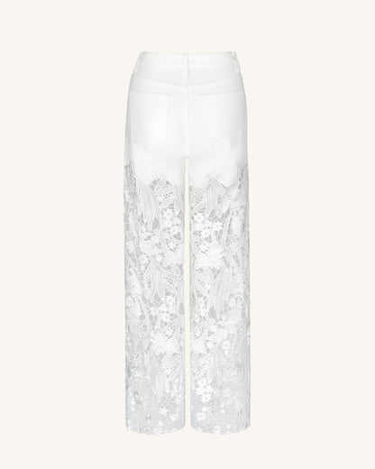 Embroidery High Rise Wide Leg Lace Denim Jeans With Rhinestone - White