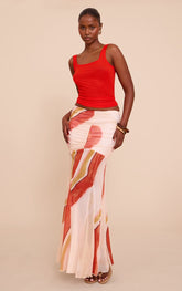 Beige Printed Mesh Overlay Maxi Skirt