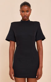 Black Woven Cinched Backless Mini Dress