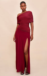 Deep Red Double Layer Slinky Drop Waist Slit Maxi Skirt