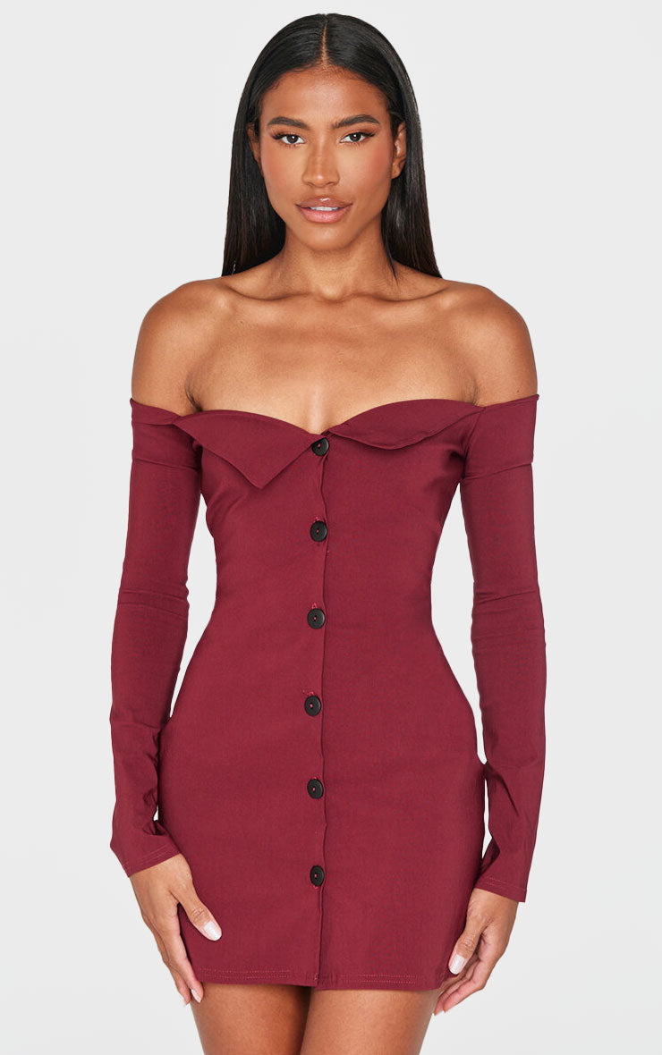 Wine Button Detail Bardot Bodycon Dress