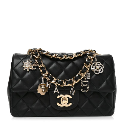 Chanel Lambskin Quilted Mini Coco Charms Rectangular Flap Black
