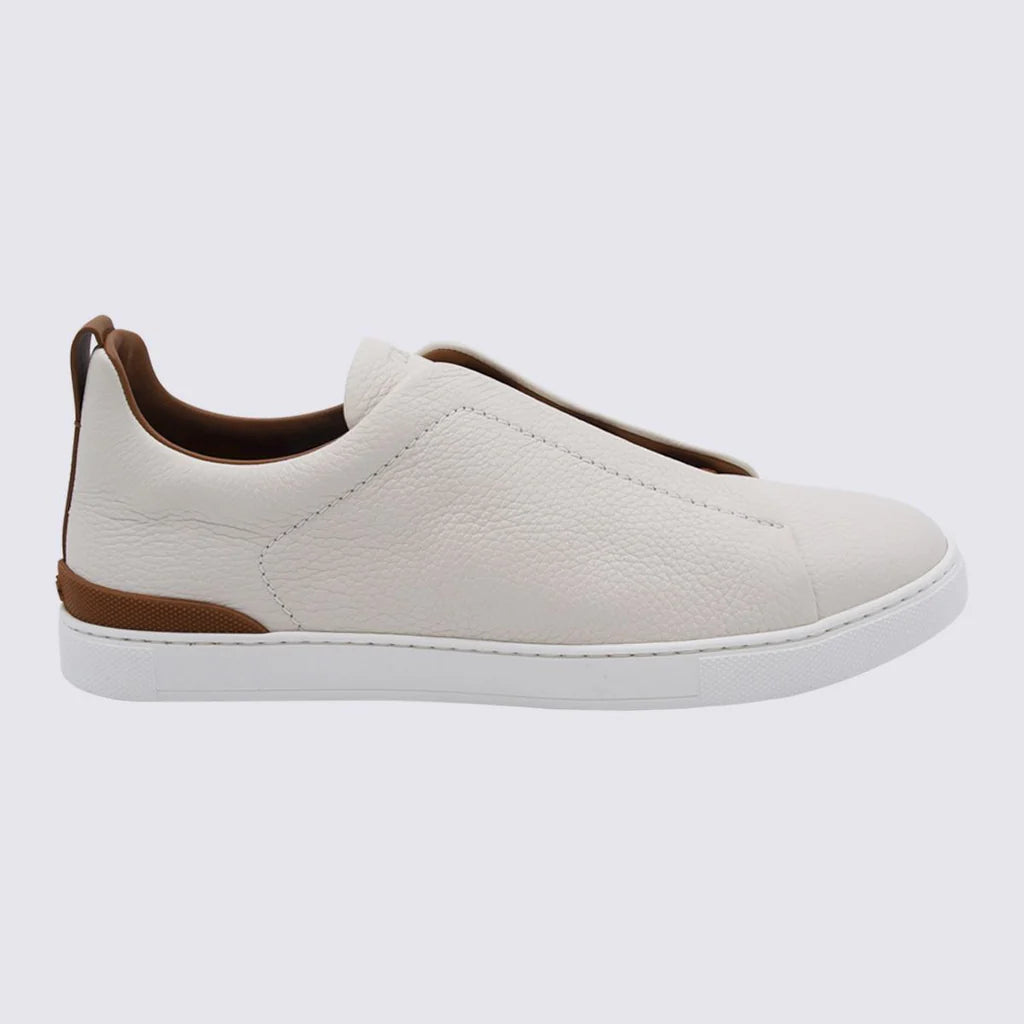 Zegna Men’s Beige Pebbled Leather Sneakers – Lace-Up with Brown Accents & Rubber Sole | UK Sizing
