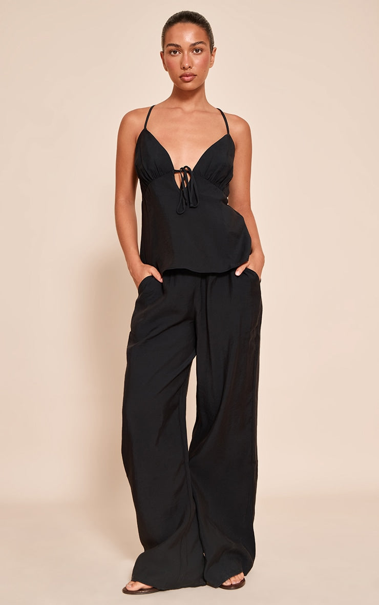 Black Woven Wide Leg Trouser