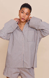 Stone Woven Pinstripe Balloon Sleeve Oversized Shirt
