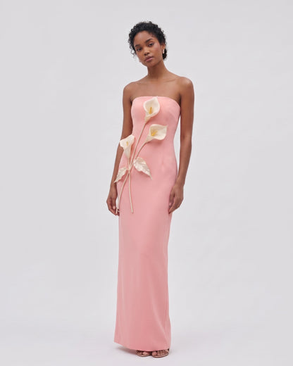 Floral Appliqué Strapless Dress - Navy Blue