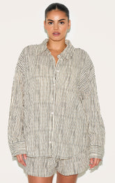 Plus Black Striped Linen Long Sleeve Shirt