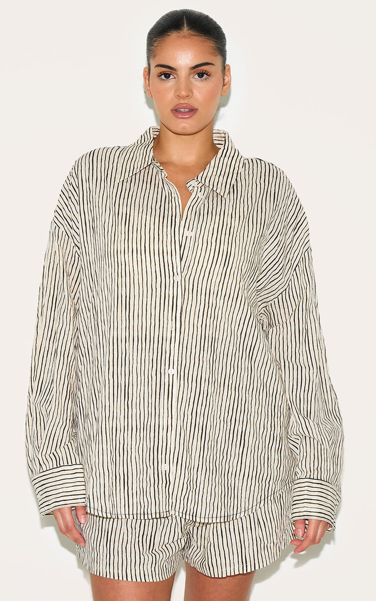 Plus Black Striped Linen Long Sleeve Shirt